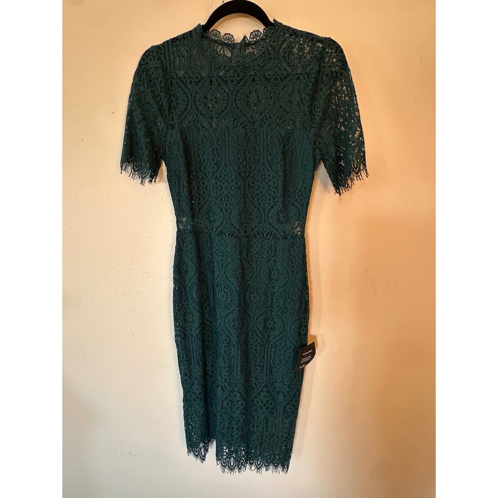 Lulus Remarkable Forest Green Lace Short Sleeve Sheath Dress Cocktail Wedding